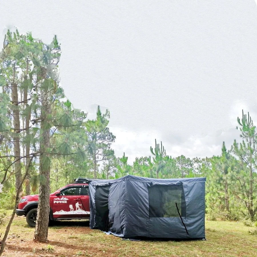 Outdoor self-driving five-angle 270-degree awning with cloth on the top side and double-axis fan-shaped tent with curtain a