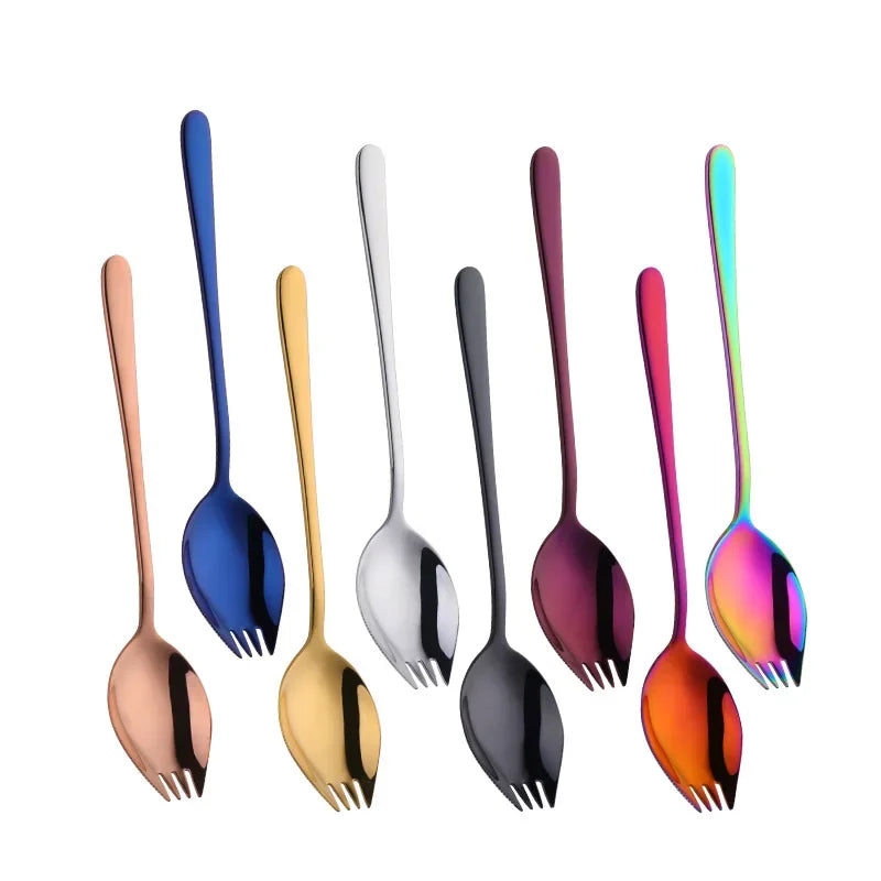 Creative Design Kitchen Tableware Tools 3 in 1 Stainless Steel Colorful Sporks Dessert Fork Spoon Noodles Salad Fruit Utensils