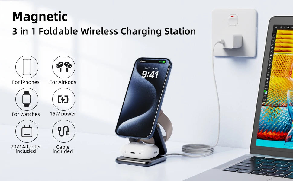 KUXIU X40 Magsafe Wireless Charger,3 in 1 iphone Charger for iPhone 15 14 13 12Pro/Max/Plus, AirPods 3/2 Pro,iWatch Series