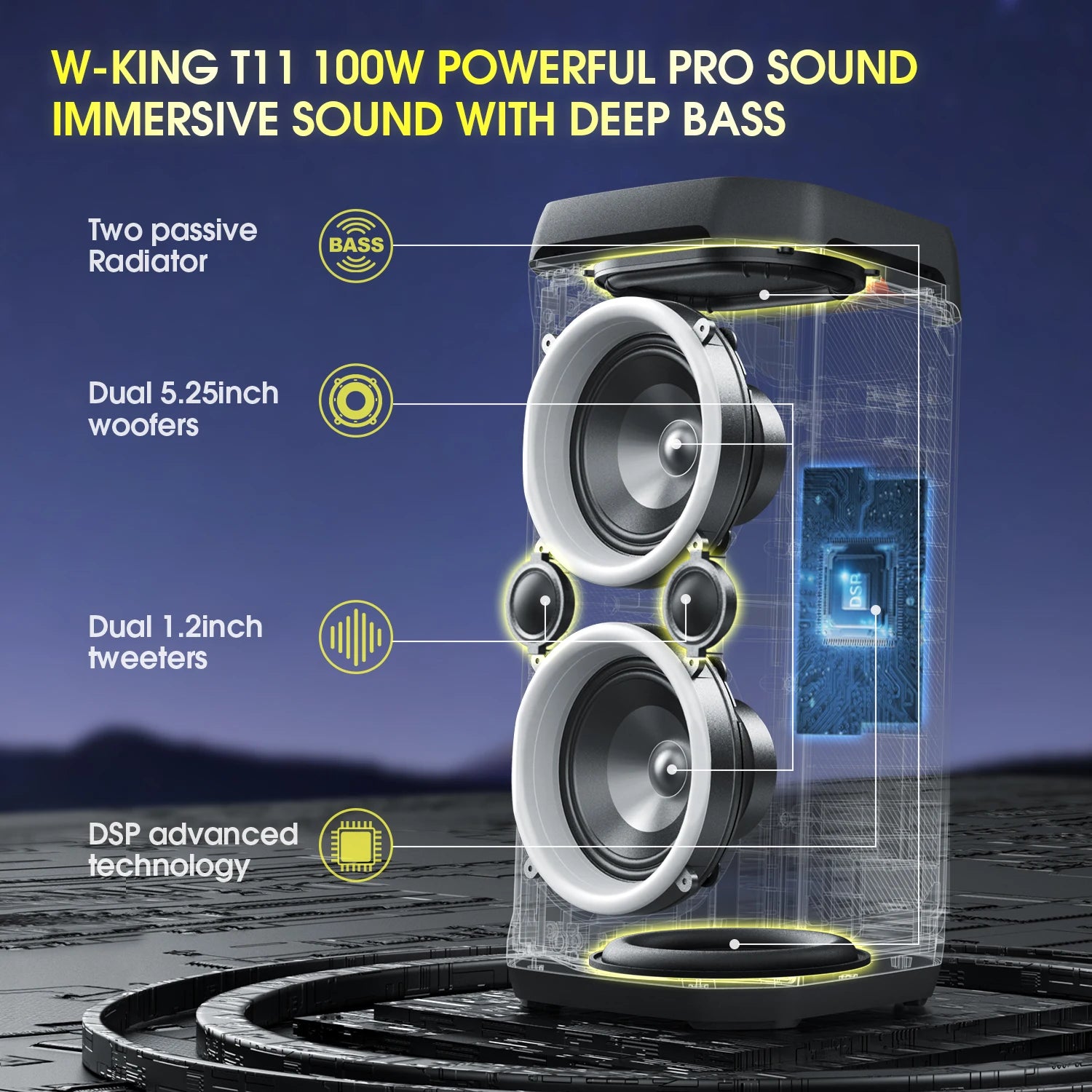 W-KING 100W RMS Bluetooth Speakers, IPX6 Waterproof, V5.3 Portable Party Boombox Wireless Deep Bass/115dB Loud Massive Sound