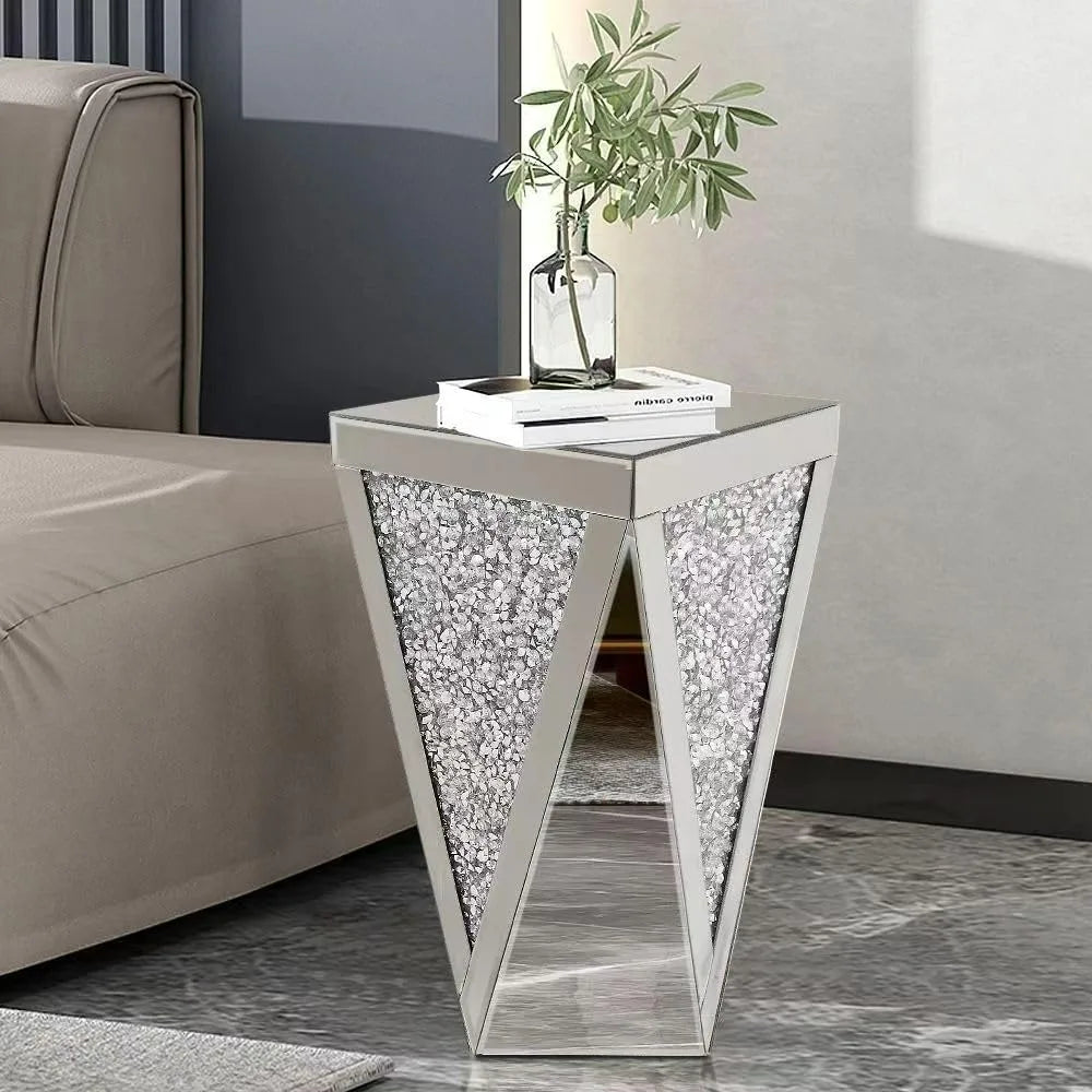 Silver Mirrored End Table with Crystal Inlay – 12” Square Accent Table