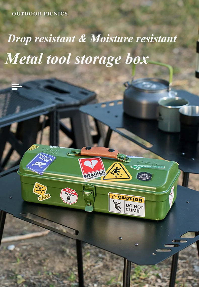 Outdoor CampingToolbox with Stickers Miscellaneous Waterproof Storage Box Portable Handheld Metal Storage Box