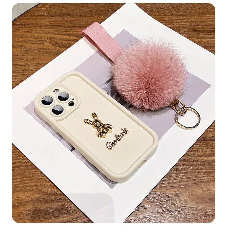 3D Rabbit Phone Case For Samsung Galaxy S24 S23 S22 S21 Ultra Plus FE A52 A32 A53 A13 A33 A52 A34 Plush Wristband Silicone Cover