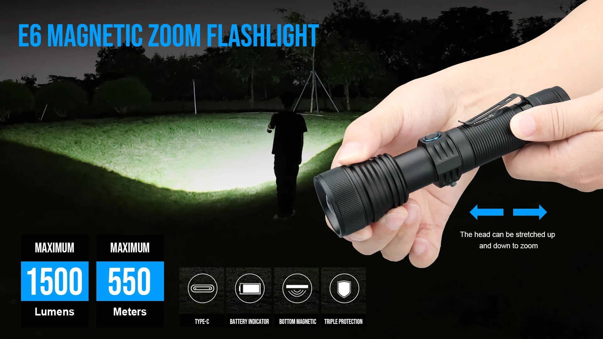 Trustfire E6 Zoomable LED Flashlight 1500Lumens 550M Long Range Rechargeable Torch Potable Light with Power Bank Function Magnet