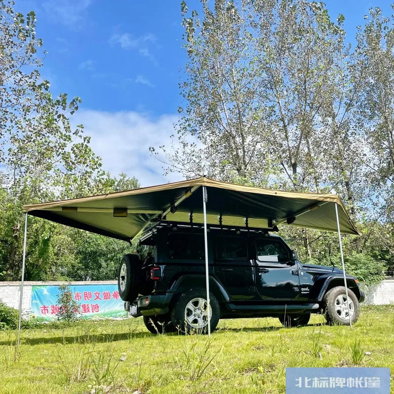 Outdoor self-driving five-angle 270-degree awning with cloth on the top side and double-axis fan-shaped tent with curtain a