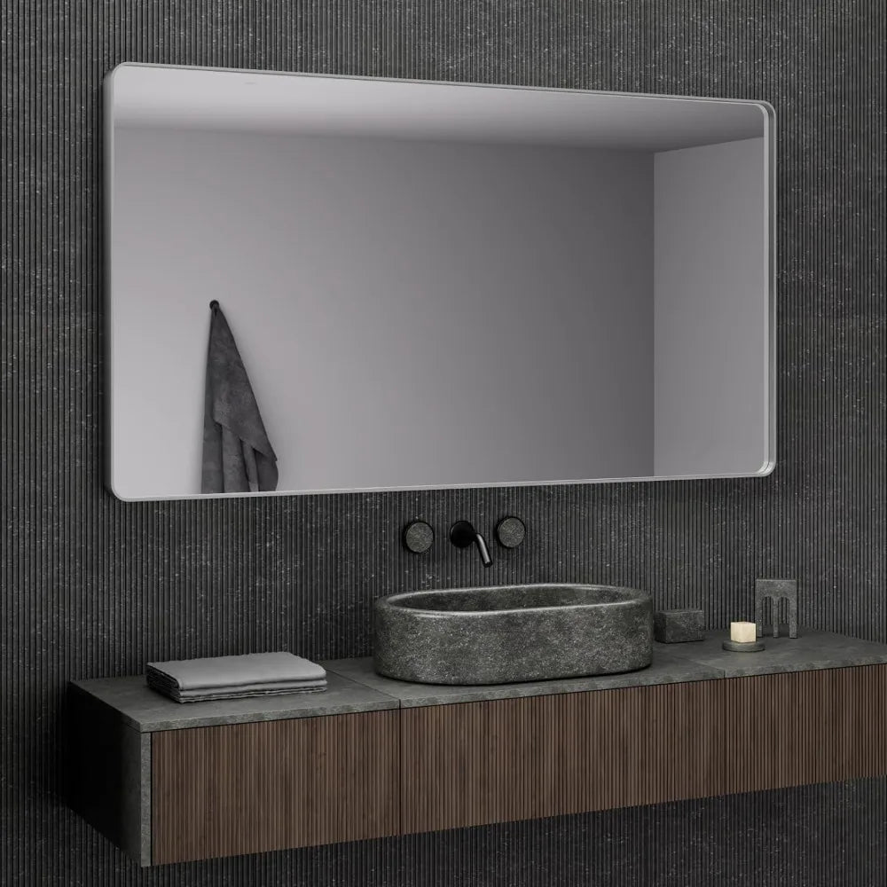 Brushed Silver Wall Mounted Mirror for Bathroom, 55 x 36 Inch Silver Rectangular Metal Framed Vanity Mirror, Tempered Glass