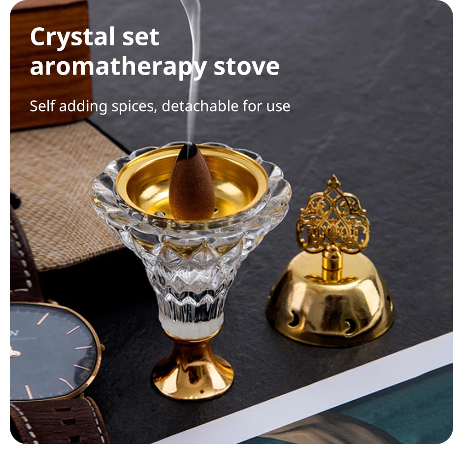 1Pc Artificial Crystal Incense Burner With Cover Aromatherapy Diffuser Metal Crafts Family Yoga Studio Home Decoration Ornaments