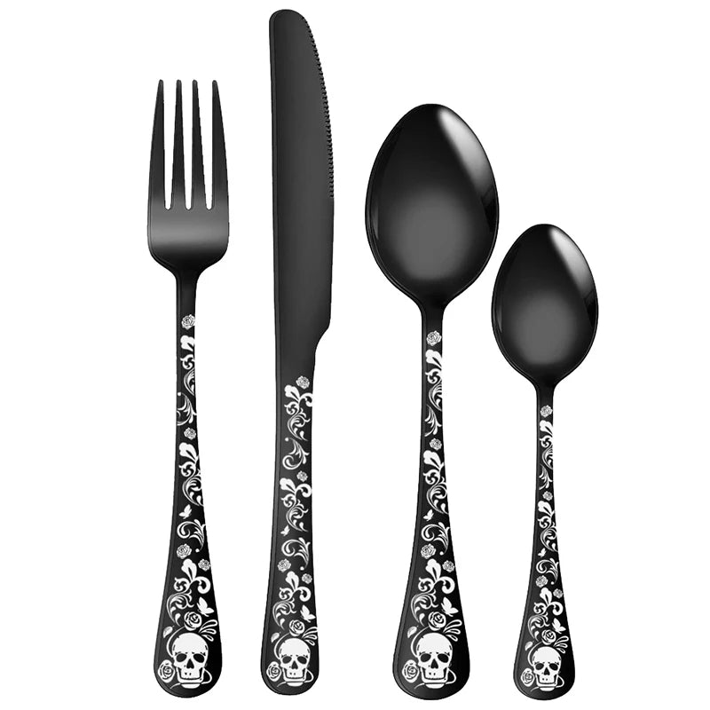 Stainless Steel Halloween Flatware Set Stainless Steel Skull Pattern Eating Utensils 4pcs Portable Kitchen Forks And Spoons