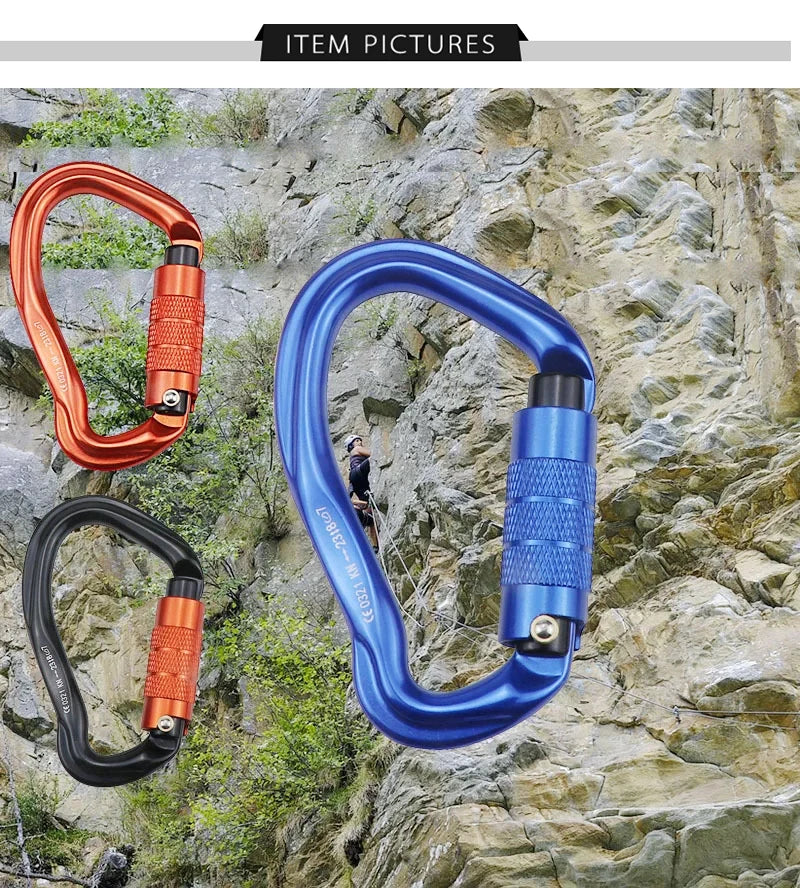 23KN Professional Rock Climbing Carabiner Safety Auto Lock Pear-shape Safety Buckle Hiking Survival Kit Protective Equipment