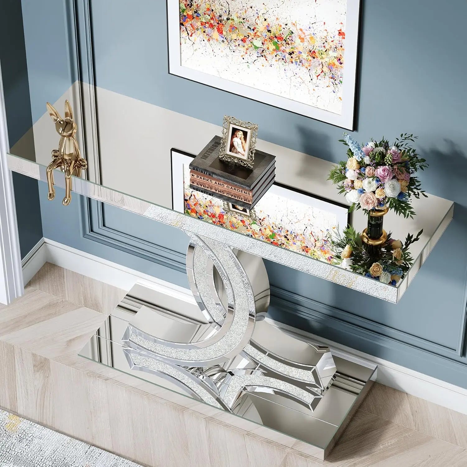 Mirrored Console Table with Crystal Inlays – Modern Silver Entryway Table