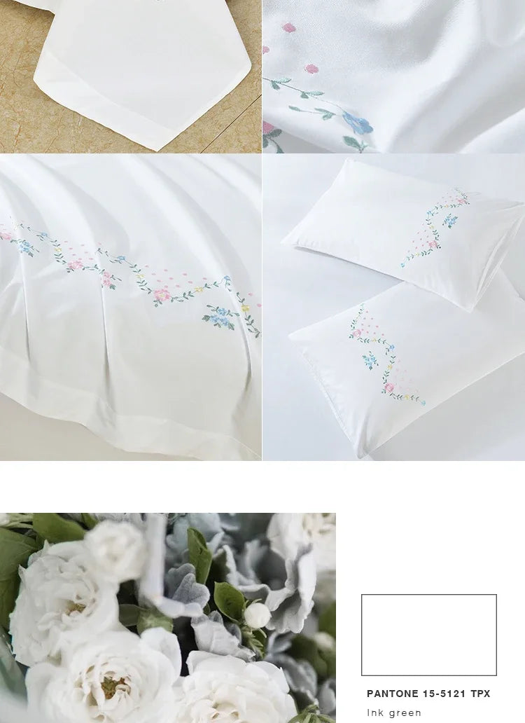 100% Cotton Greek Key Embroidery, 3-Piece Twin XL Kendell Bed Sheet Set, White/ Light Green/Pink