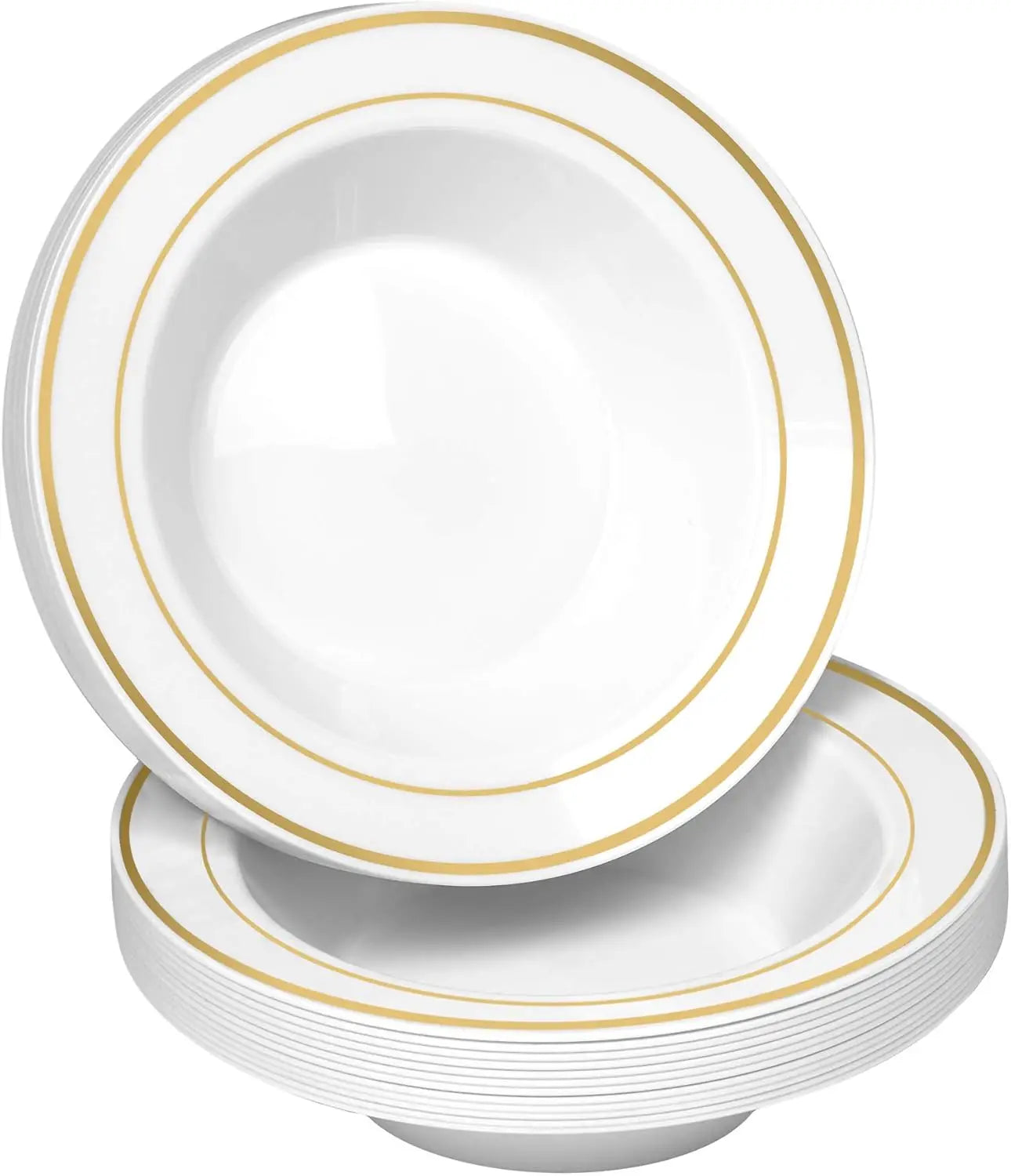 100 Disposable White Gold Trim Plastic Soup Bowls 14 Oz. Premium Heavy Duty Disposable Dinnerware with Real China Design