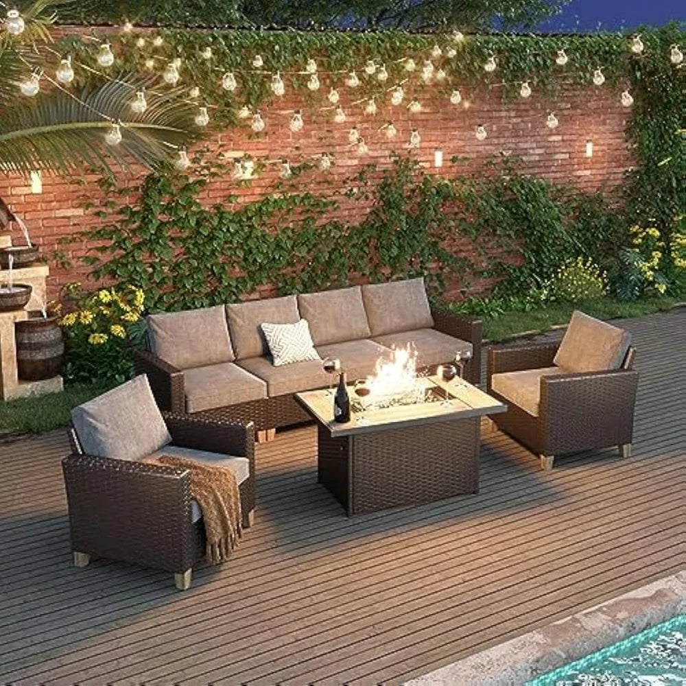 Patio Set, Wicker Patio Furniture Sectional Sofa with Fire Pit Table Thick Cushions for Yard Garden Porch ,Garden Furniture Sets