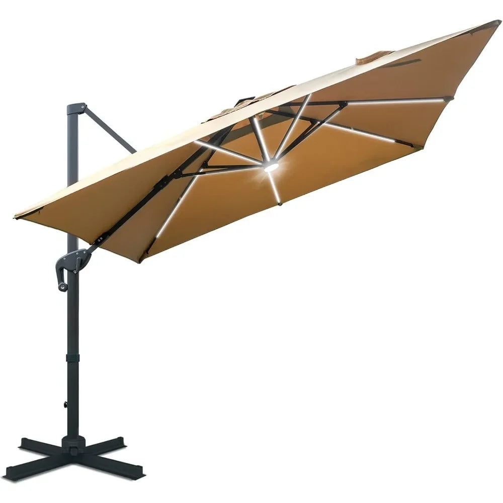 Solar Powered LED Patio Umbrella Square Deluxe Offset Umbrella 360°Rotation  & LED lights for Market Garden Deck Pool