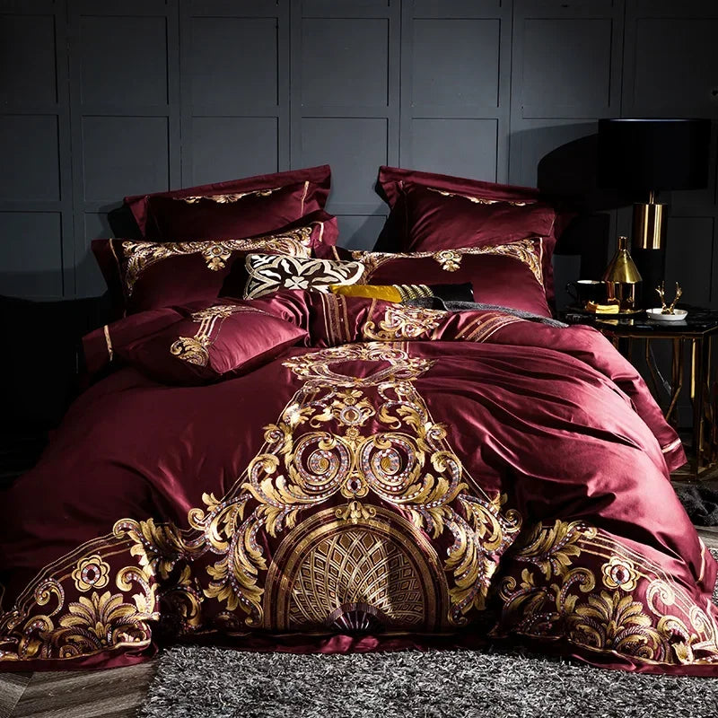 Luxury Gray Red 1000TC Satin Egyptian Cotton Bedding set Gold Royal Embroidery Queen King Duvet Cover Bed Linen/sheet Pillowcase