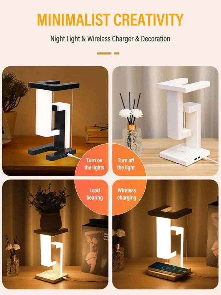 LED Night Lamp Creativity Physics Balance Suspension Table Desk Lamp Wireless Charger Decoration Home Bedroom Room Decor Light