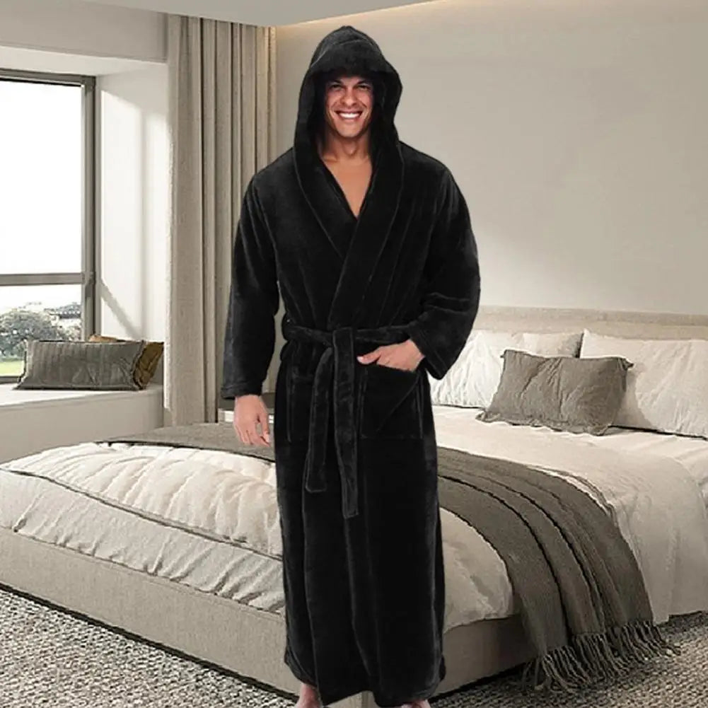 Men Hooded Bathrobe with Adjustable Belt Fluffy Solid Color Pocket Design Male Long Fleece Robe Nightgown Bath Gown Sleepwear