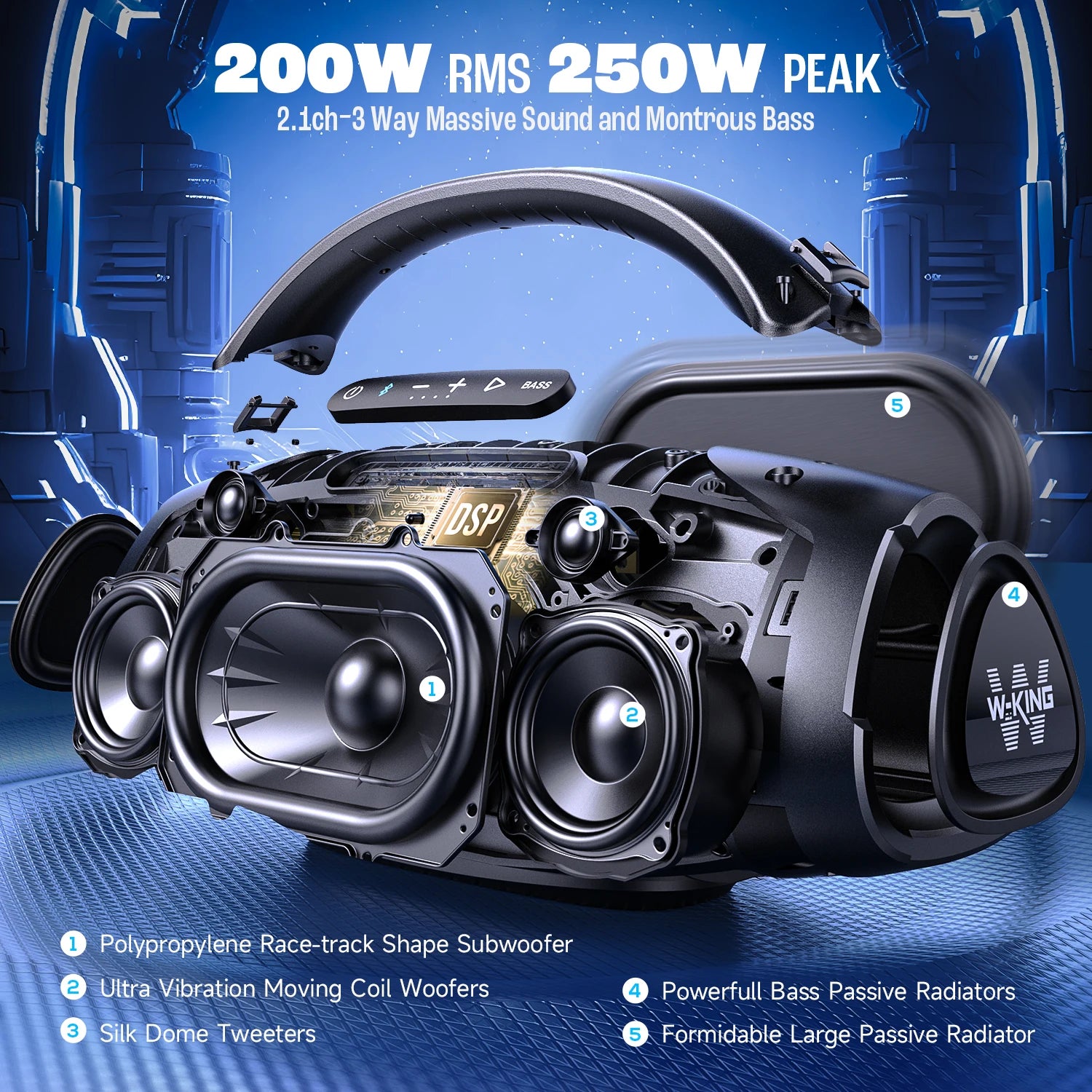 W-KING 200W RMS Portable Bluetooth Speakers, Massive Bass Party Boombox IPX7 Waterproof Speaker Large, Loud Outdoor Speaker