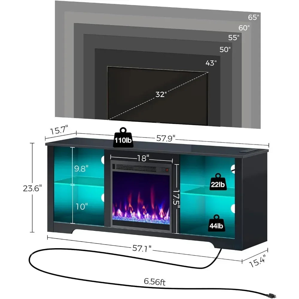 Fireplace TV Stand with Led Lights and Power Outlets, TV Stand for 45/50/55/60/65 inch TVs, Entertainment Center