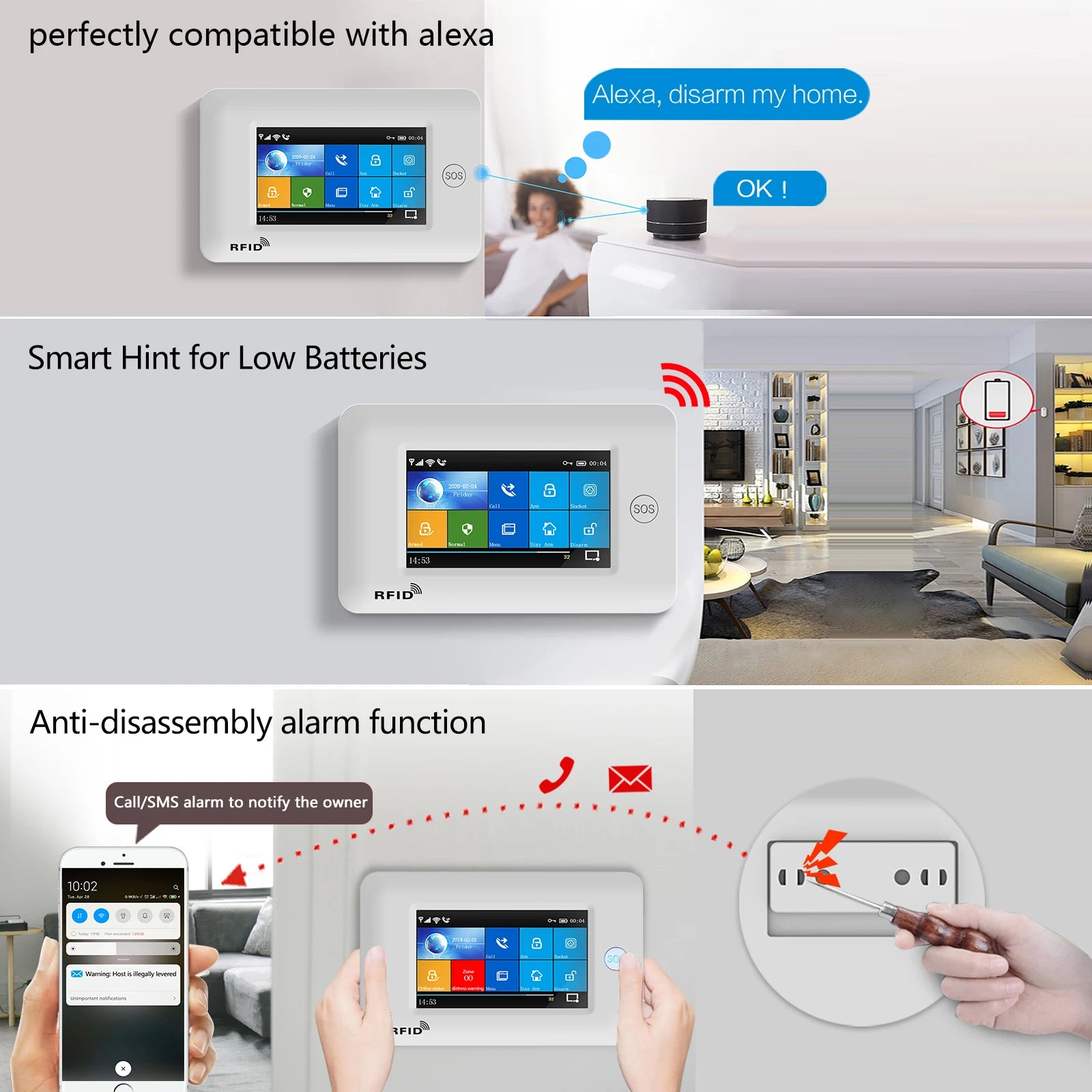 PGST 433MHz All Touch Screen Wireless WIFI GSM RFID Card Burglar Alarm System Smart Home Security DIY Alarm TUYA Smart Life