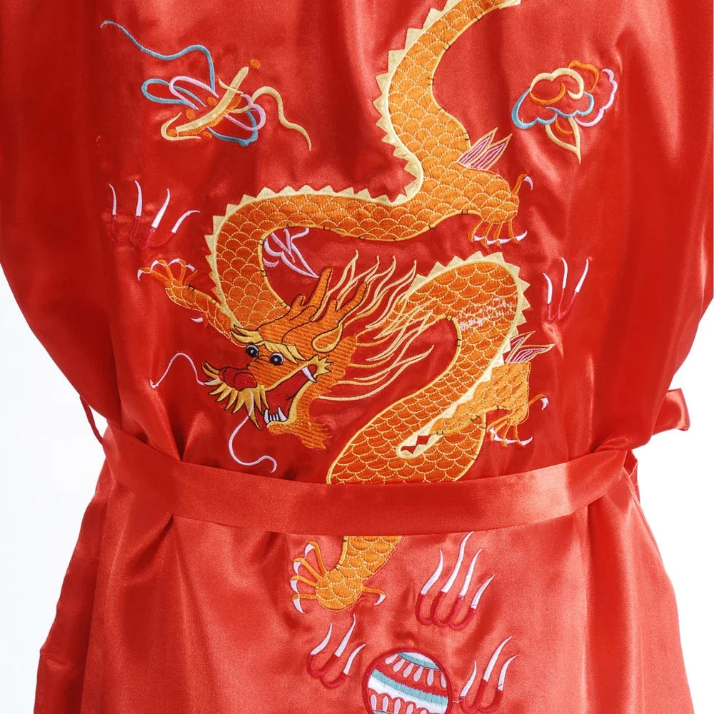 Silk Kimono Bathrobe, Chinese Dragon Design, Men's Sleepwear Gown, Satin Fabric, Navy Blue/Red/White/Black/Blue