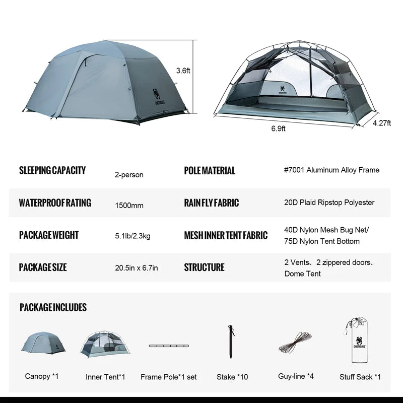 OneTigris COSMITTO 2.0 Backpacking Tent 3-Season Easy Setup Instant 2 Person Camping Tent For Hiking Trekking Fishing