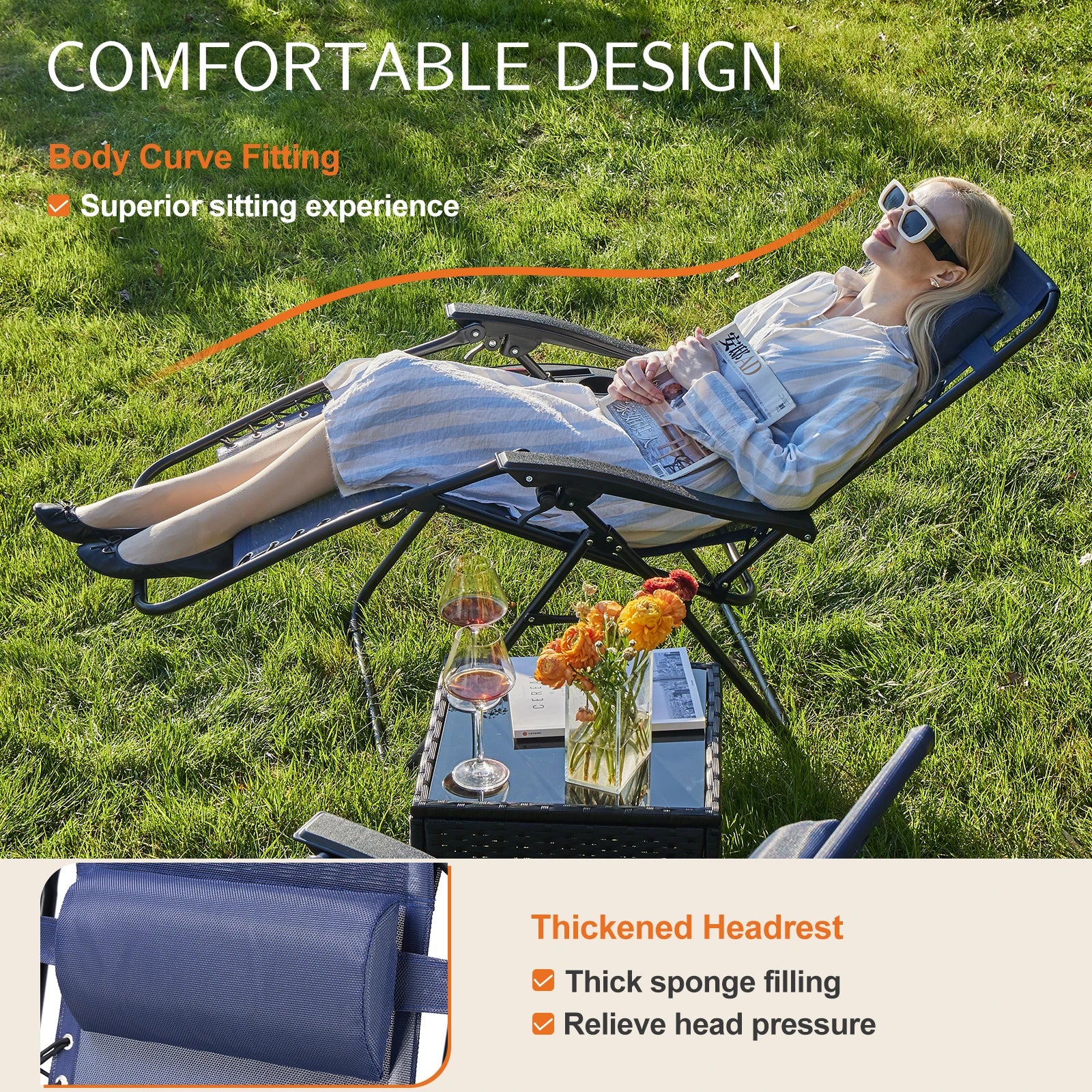 JHK Zero Gravity Set of 2 Portable Recliner Camping Patio Outdoor Folding Lounge Chair with Cup Holder Trays Adjustable Pillow