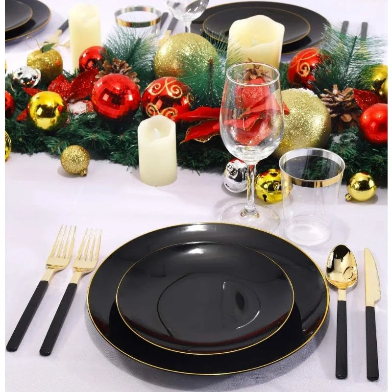 150PCS Black Plastic Plates - Black and Gold Disposable Plates - Premium Heavyweight Gold Plastic Dinnerware