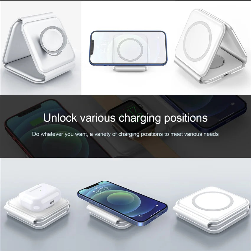 100W 3 in 1 Magnetic Wireless Charger Pad Stand for iPhone 15 14 13 12Pro Max Airpods iWatch Fast Wireless Charging Dock Station