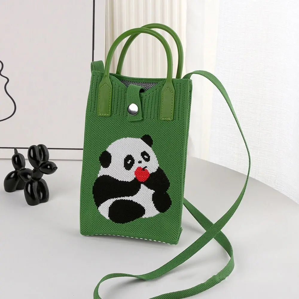 Easy To Carry Creative Mini Knit Handbag Cartoon Panda Huahua Knot Wrist Bag Reusable Large Capacity Hand Crocheted Bags Women