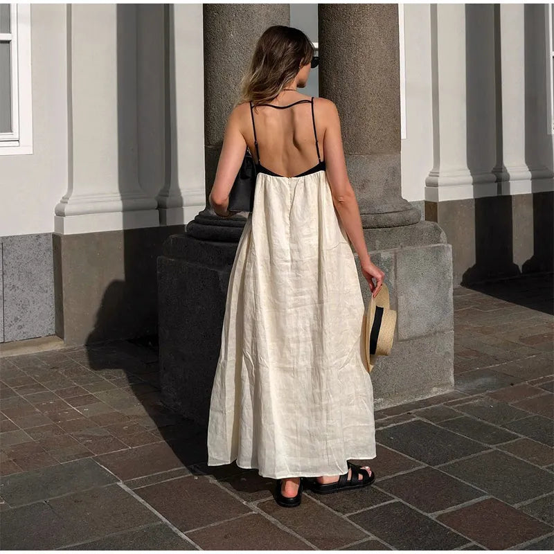 Contrast Splicing Loose Sling Long Dresses Women Square Collar Sleeveless Backless High Waist Dress 2024 Summer Lady Street Robe