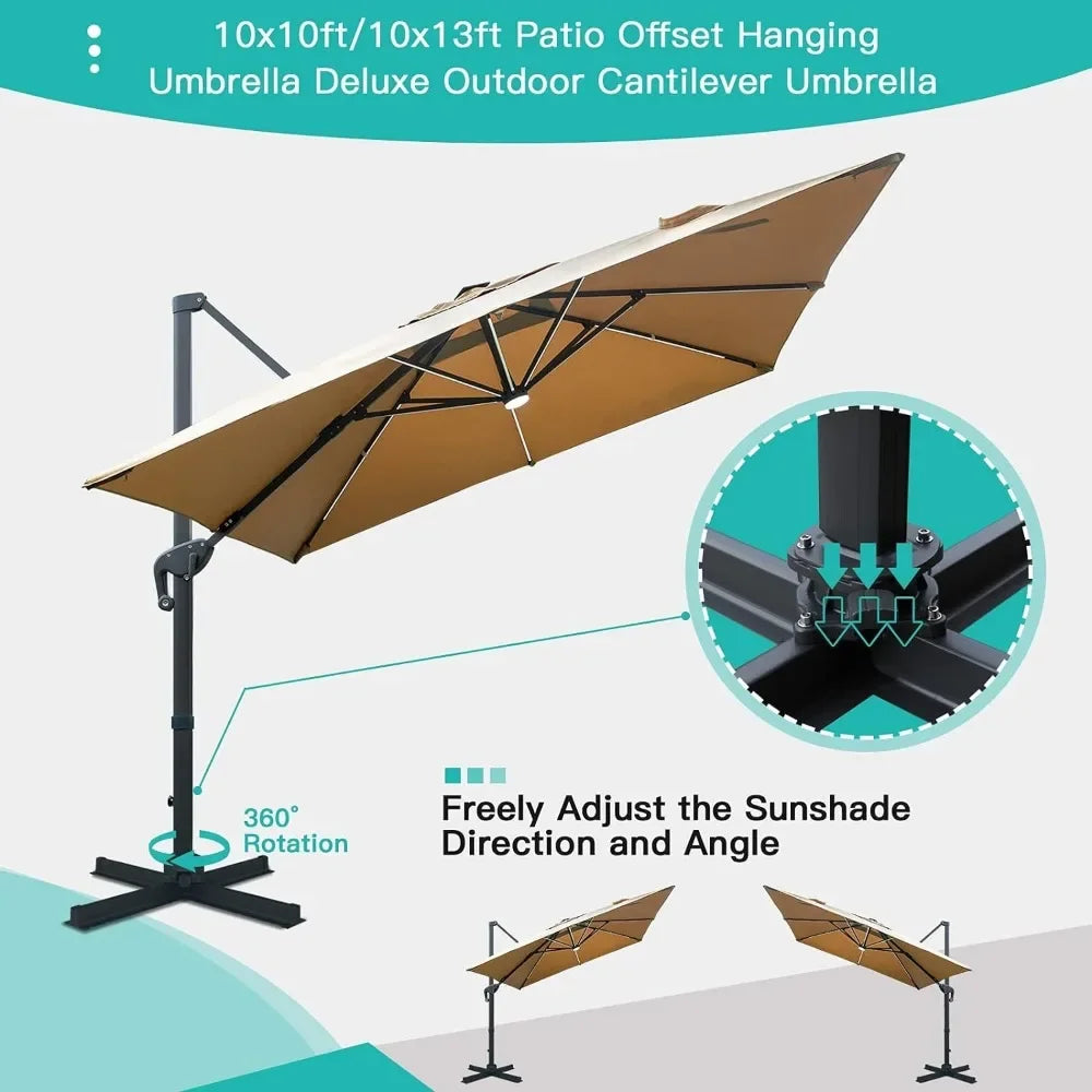 Solar Powered LED Patio Umbrella Square Deluxe Offset Umbrella 360°Rotation  & LED lights for Market Garden Deck Pool