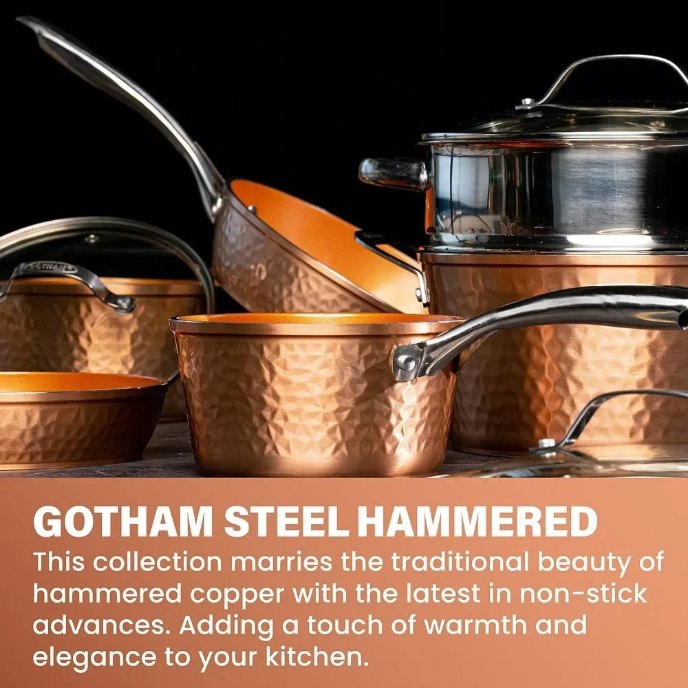 Hammered Copper Collection – 20 Piece Premium Pots and Pans Set Nonstick Ceramic Cookware + Bakeware Set