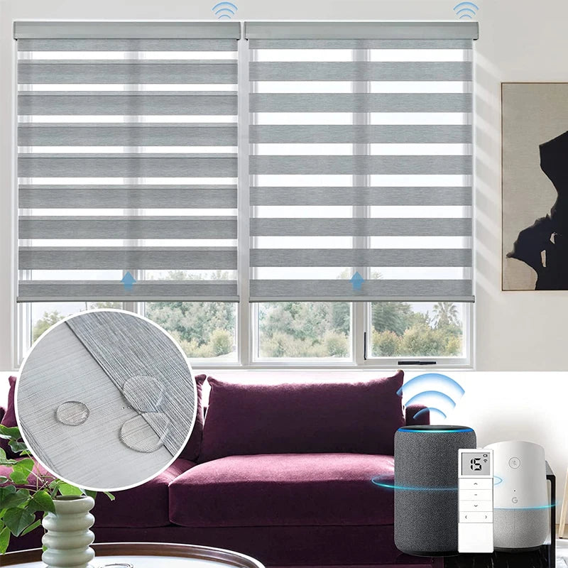 Automated Window Blinds No Drills Blackout Day Night Zebra Blinds Cover