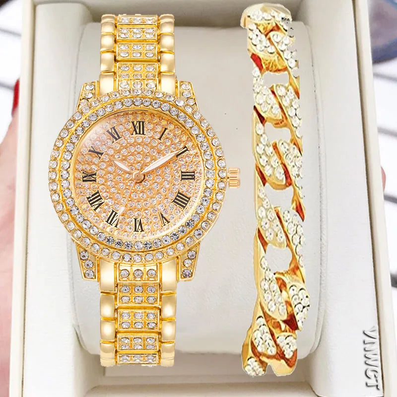 Diamond Women's Watch Set Hip Hop Bracelet & Quartz Wristwatch