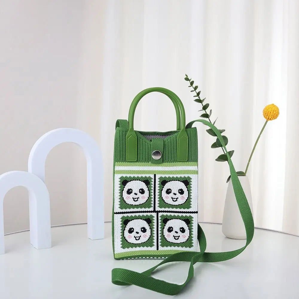 Easy To Carry Creative Mini Knit Handbag Cartoon Panda Huahua Knot Wrist Bag Reusable Large Capacity Hand Crocheted Bags Women