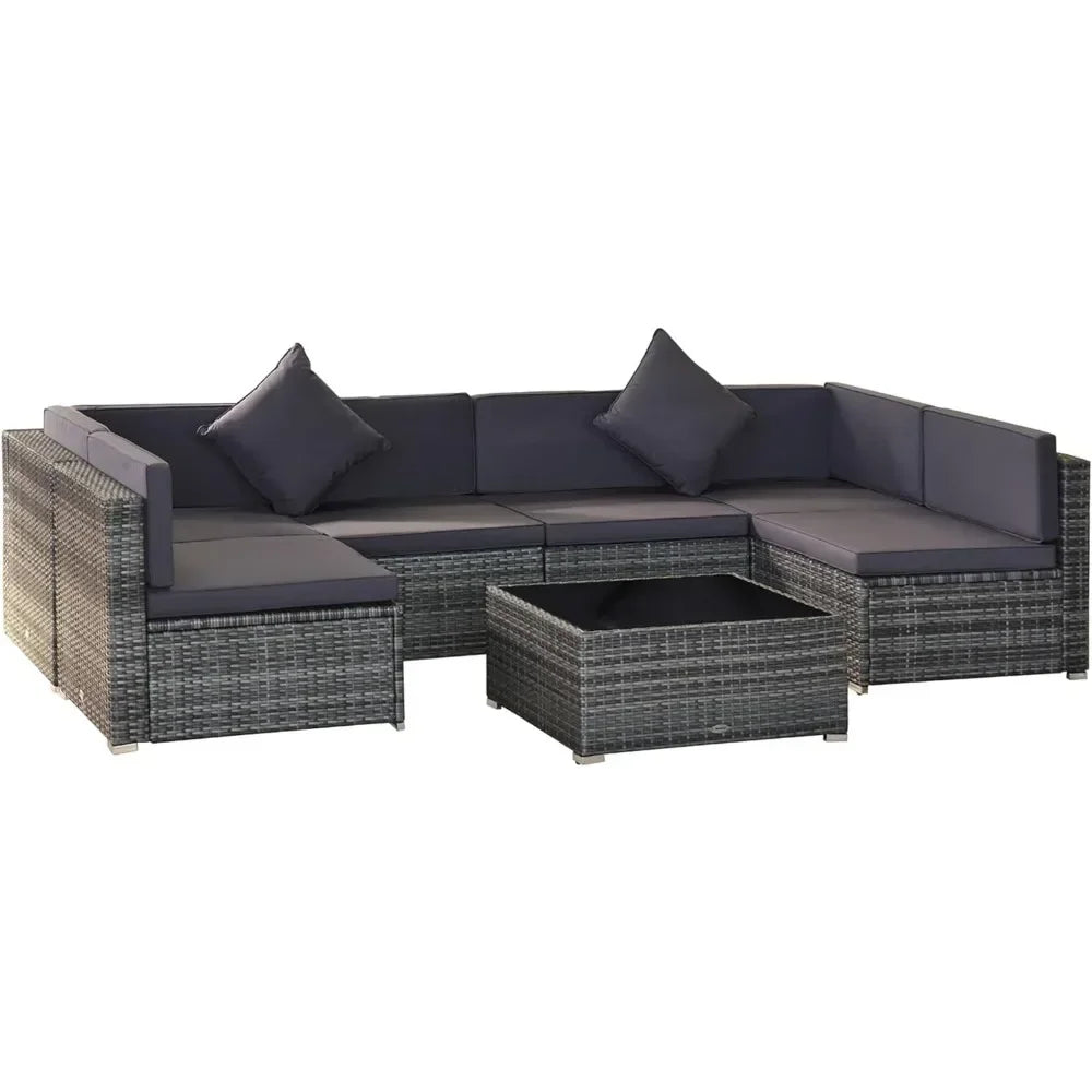 7-piece Patio outdoor all-weather PE rattan segmented sofa set, with soft cushion and tempered glass tabletop, gray