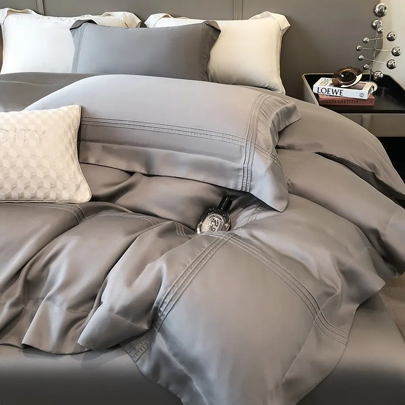 Solid Grey Linens Frame Duvet Cover with Zipper Ties 4Pcs 600TC Eucalyptus Lyocell Soft Cooling Quilt cover Bed Sheet Pillowcase