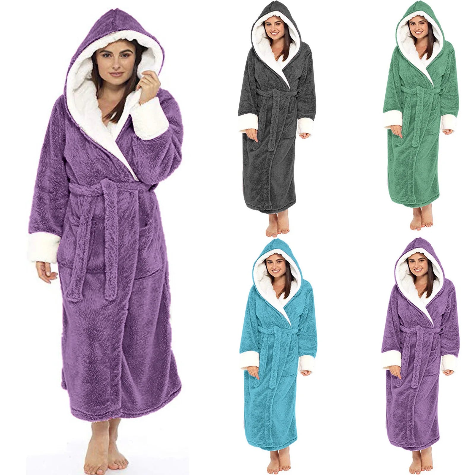 Women'S Long Bathrobe Soft Comfortable Flannel Nightgown With Belt Autumn And Winter Solid Color Fleece Hooded Bathrobe 2024