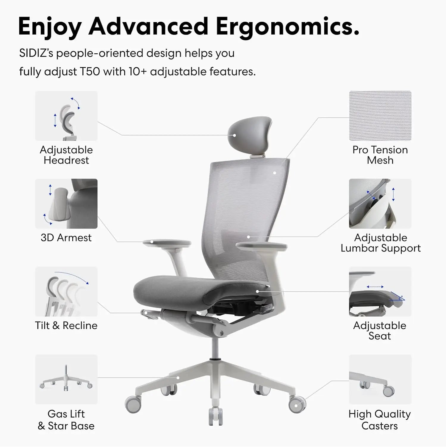 SIDIZ T50 Ergonomic Office Chair : High Performance Home Office Chair with Adjustable Headrest, Lumbar Support, 3D Armrest,