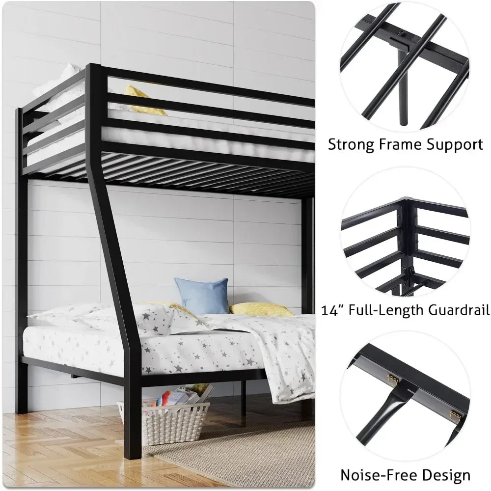 Metal Bunk Bed Twin Over Full Size with Removable Stairs, Heavy Duty Sturdy Frame with 12" Under-Bed Storage for Teen