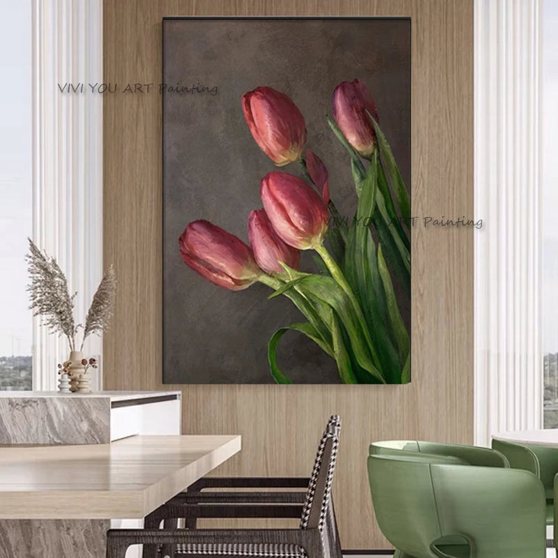 The New Handmade Flora Oil Painting On Canvas Creative Pink Tulip Wall Art Red Flower Oil Picture For Living Room Decoration