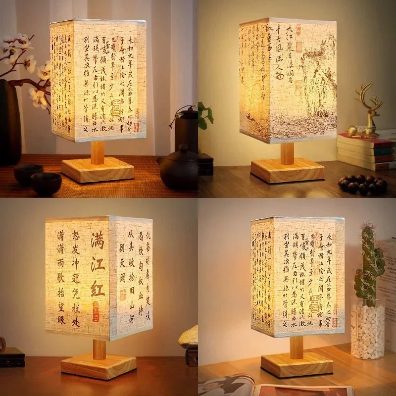 Retro Wood Desk Lamp Chinese Style Night Light Table Calligraphy Traditional Painting Decoration Bedroom Bedside Office Study