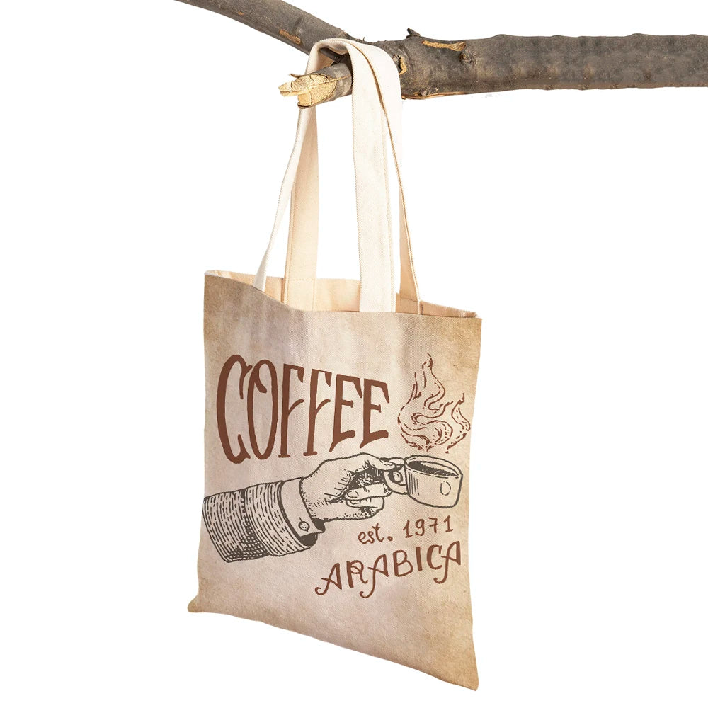 Elegant Coffee Caffeine Arabica Beans Retro Women Shopping Bags Canvas Tote Lady Handbag Reusable Foldable Shopper Bag