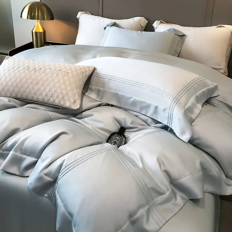 Solid Grey Linens Frame Duvet Cover with Zipper Ties 4Pcs 600TC Eucalyptus Lyocell Soft Cooling Quilt cover Bed Sheet Pillowcase