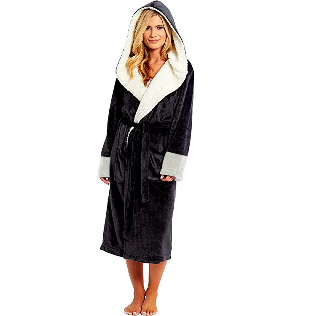 Women'S Long Bathrobe Soft Comfortable Flannel Nightgown With Belt Autumn And Winter Solid Color Fleece Hooded Bathrobe 2024