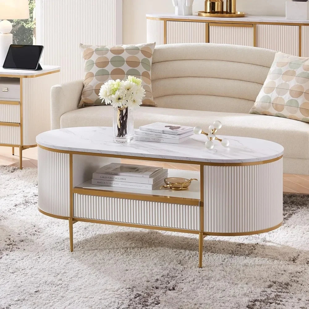 Modern Oval Coffee Table with Faux Marble Top