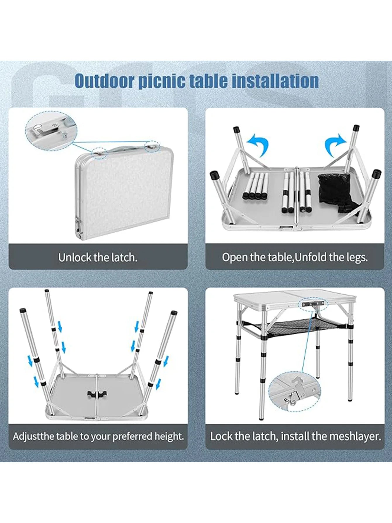 Small Folding Table, Portable Lightweight Aluminum Adjustable Height With Carry Handle, Camping Table With Mesh Holders For Outd