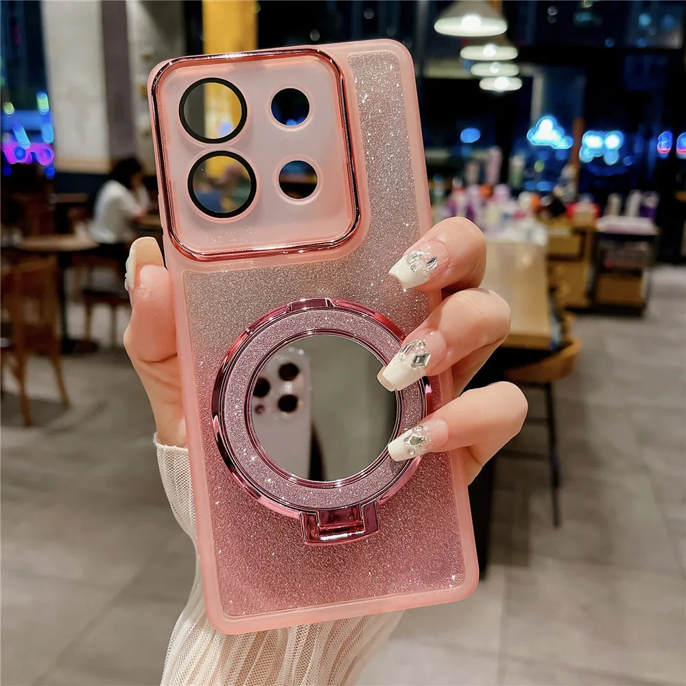 Luxury Mirror Accessory Glitter Case For Xiaomi Redmi Note 11S 12S 11 12 13 Pro Plus Soft Stand Holder Bracket Bling Cover