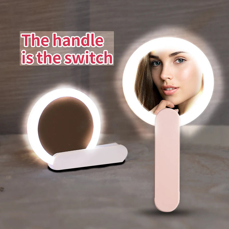 USB Charge  Woman LED Rotary Switch Makeup Mirror Heart Mirror Pink WhiteCute Convenient Hand Held Luxury Round Private Label